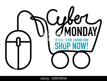 Promotion Cyber Monday, souris d'ordinateur dont son cordon qui forme un panier, illustration vectorielle EPS 10 Illustration de Vecteur