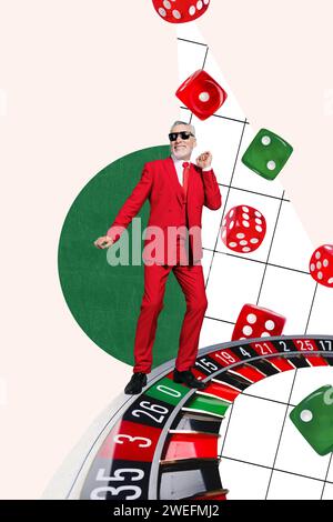 Collage vertical affiche créative excitée joyeuse positive de l'homme aîné danse sketch Dice poker joueur de jeu de casino modèle exclusif Banque D'Images