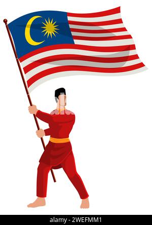 Illustration vectorielle d'un homme en costume traditionnel malais tenant le drapeau de la Malaisie Illustration de Vecteur
