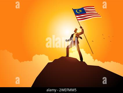 Illustration vectorielle d'un homme d'affaires optimiste debout sur une montagne tenant le drapeau de la Malaisie Illustration de Vecteur