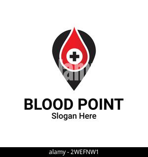 Logo d'emplacement du sang avec illustration du modèle de signe ponctuel. Concept de logo Red Health Spot de don de sang. Hématologie Medical Blood Cell logo Design Vect Illustration de Vecteur