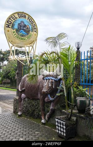 Dian Fossey Hôtel à Gisenyi Rwanda et ses sculptures distinctives d'animaux et de la vie traditionnelle rwandaise sur l'affichage dans la cour et le balcon Banque D'Images