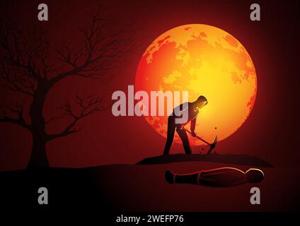 Illustration vectorielle d'un tueur portant un sweat à capuche creusant une tombe pour sa victime pendant la pleine lune, adapté pour Halloween ou thème d'horreur Illustration de Vecteur