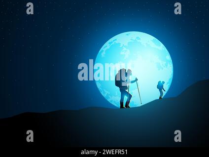 Trekkers avec le trekking sac à dos sur la montagne avec belle pleine lune sur le fond, illustration vectorielle Illustration de Vecteur