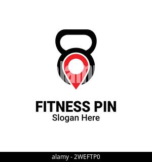 Kettlebell Fitness GPS Tag PIN point logo icône modèle de conception vecteur plat. Emblème d'étiquette de gymnastique avec concept de logo de Bodybuilding de forme de lieu. LO Illustration de Vecteur