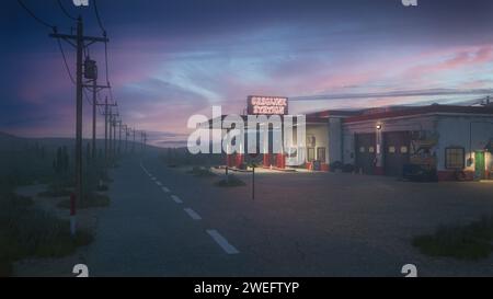 Station-service à distance sur une route déserte vide la nuit. Rendu 3D. Banque D'Images