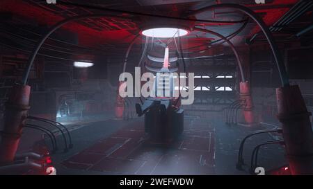Chaise d'examen d'abduction extraterrestre dans un vaisseau spatial sombre et sinistre. Illustration 3D. Banque D'Images