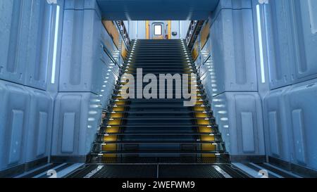 Escalier dans un intérieur futuriste de bâtiment de station spatiale. Illustration 3D. Banque D'Images