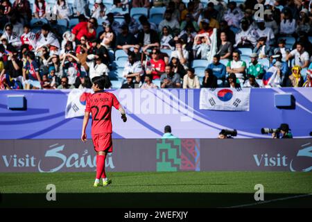 Doha, Qatar, 25 janvier 2024, AFC Asian Cup Qatar 2023 Groupe E - Corée du Sud 3:3 Malaisie, Joeng Woo-yeong et son Heung-min marquent pour la Corée du Sud, Faisal Halim Arif, Aiman Hanapi, Romel Morales marquent pour la Malaisie. Banque D'Images