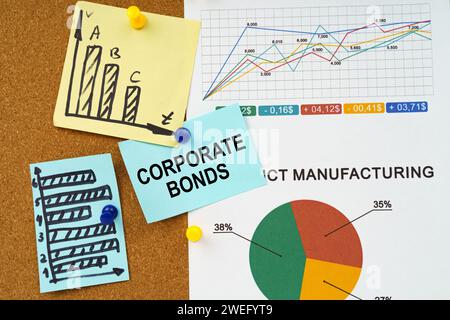 Concept commercial. Les graphiques et les diagrammes de rapport sont accrochés sur le tableau, un autocollant avec l'inscription - Corporate Bonds Banque D'Images