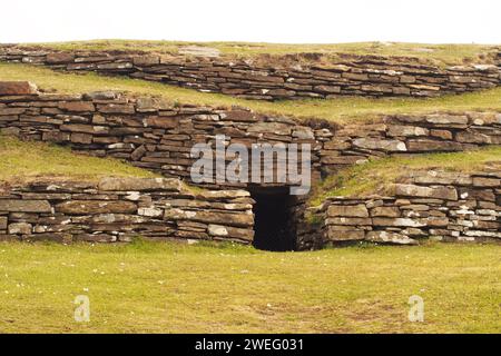 Wideford Hill, cairn en chambre néolithique, montrant l'entrée et la construction en pierre, Kirkwall, Orcades, Écosse, Royaume-Uni Banque D'Images