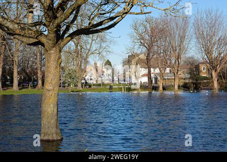 Un Manor Park inondé causé par des tempêtes hivernales à Shepperton un jour ensoleillé d'hivers Surrey Angleterre Royaume-Uni Banque D'Images