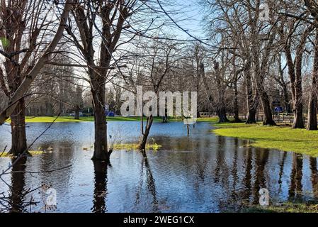 Un Manor Park inondé causé par des tempêtes hivernales à Shepperton un jour ensoleillé d'hivers Surrey Angleterre Royaume-Uni Banque D'Images