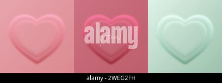 Ensemble de conception de cadre en forme de coeur 3D découpé en papier rose pastel et vert menthe. Collection de toile de fond géométrique pour l'affichage de produits cosmétiques, Saint-Valentin f Illustration de Vecteur