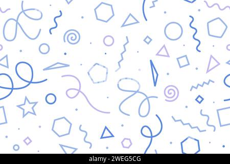 Motif géométrique dynamique amusant. Line Doodles inspiré par la mode memphis des années 90 et le design funky des années 80. Vecteur violet fond blanc bleu. Illustration de Vecteur