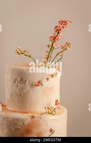 Gros plan de belles fleurs de couleur fuzz de pêche sur le dessus du gâteau de mariage Banque D'Images