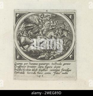 Les 4 cavaliers apocalyptiques, 1585 tirage ouverture des 4 premiers timbres : les 4 cavaliers apocalyptiques, 'Vicorie', 'War', 'Hunger' et 'Death' piétinent l'humanité. Au-dessus d'eux un ange, avec une couronne. Sous le spectacle une référence en latin au texte de la Bible dans l'op. 6. Ce tirage fait partie d'un album. Papier gravant les quatre cavaliers de l'Apocalypse Banque D'Images