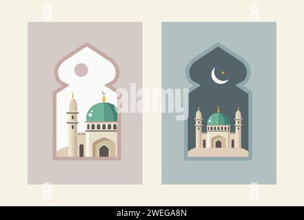 Ramadan Kareem ensemble d'affiches, cartes, couvertures de vacances. Moderne beau design plat, couleurs pastel. Mosquée, minaret. Croissant de lune, étoiles, ciel. Coucher de soleil Illustration de Vecteur