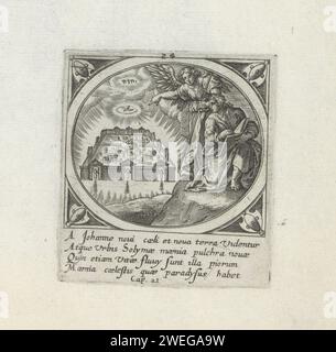 Engel montre Jean la Nouvelle Jérusalem, 1585 estampe un ange montre Jean la nouvelle Jérusalem céleste. Johannes écrit dans un livre. Au-dessus de la ville, le Saint-Esprit (comme un pigeon) et le Tétragramme. Sous le spectacle une référence en latin au texte de la Bible dans l'op. 21. Ce tirage fait partie d'un album. Gravure sur papier un ange montre Jean le Nouveau Jérusalem (céleste) descendant du ciel ; parfois Christ est montré conduisant ses agneaux à la ville Banque D'Images