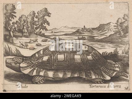 Landschildpad, Antonio Tempesta, en 1650 ou avant imprimer Une tortue terrestre dans un paysage. En arrière-plan, deux chasseurs avec des chiens de chasse chassent les tortues terrestres. papier gravure tortues, tortues Banque D'Images