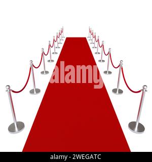 tapis rouge et barrières métalliques isolés sur blanc. rendu 3d. Banque D'Images