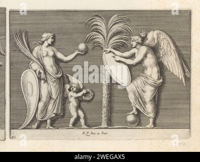 Vénus, Amor in Victorie, Pietro Sante Bartoli, d'après Rafaël, 1645 - 1700 print Vénus, Amor et Victorie debout près d'un palmier. L'impression fait partie d'un album. Gravure sur papier / gravure Vénus et Cupidon (Cupidon n'étant pas un simple attribut). Victoire Banque D'Images