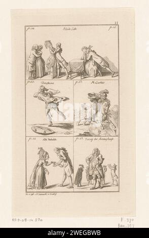Feuille de la louange de la folie, Daniel Nikolaus Chodowiecki, 1780 impression feuille avec cinq illustrations encadrées, chacune appartenant à une partie de texte séparée. Être représenté : l'amour aveugle, Démosthène, Marcus Curtius, la vieille femme et la médecine. Numéroté en haut à droite : ii. Gravure sur papier (histoire de) Démosthène. (Histoire de) Marcus (Manlius) Curtius. vieille femme laide, hag. médecin, médecin Banque D'Images