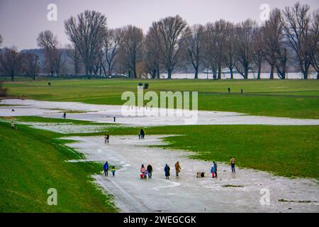 Les prairies du Rhin près de Düsseldorf-Niederkassel, patinoire après les inondations, en raison de la montée des eaux souterraines derrière la digue du Rhin, amusement hivernal, patinage sur glace, NR Banque D'Images