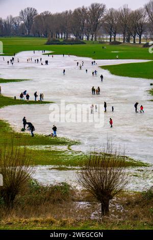 Les prairies du Rhin près de Düsseldorf-Niederkassel, patinoire après les inondations, en raison de la montée des eaux souterraines derrière la digue du Rhin, amusement hivernal, patinage sur glace, NR Banque D'Images