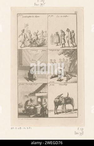 Feuille de la louange de la folie, Daniel Nikolaus Chodowiecki, 1780 impression feuille avec six illustrations encadrées, chacune appartenant à une partie de texte séparée. Être représenté : le bonheur des imbéciles, la morosité des sages, l'imagination, la convoitise de la chasse, l'alchimiste et la flatterie. Numéroté en haut à droite : iii. Gravure sur papier folie, folie ; 'Pazzia', 'Sciocchezza', 'Stoltitia' (Ripa). Imagination ; 'Imaginatione' (Ripa). chasse, chasse. alchimiste au travail. Flatterie ; 'Adulatione' (Ripa) Banque D'Images