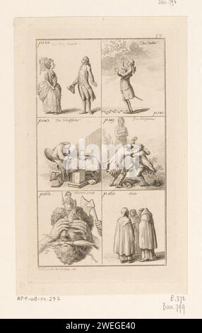 Feuille de la louange de la folie, Daniel Nikolaus Chodowiecki, 1780 impression feuille avec six illustrations encadrées, chacune appartenant à une partie de texte séparée. Être représenté : le bon préjugé, le poète, l'écrivain, les philosophes, Minerve et les moines. Numéroté en haut à droite : IV Préjugé de gravure du papier, biais. écrivain, poète, auteur. érudit, philosophe. Naissance de Minerve ; elle émerge entièrement armée de la tête de Jupiter. moine(s), frère(s) Banque D'Images