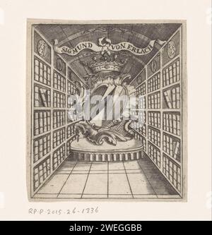 Ex Libris van Sigmund von Erlach, Anonyme, 1700 - 1799 imprimer Bibliothèque avec l'arme de Sigmund von Erlach sur une élévation. étagères de gravure en papier Banque D'Images