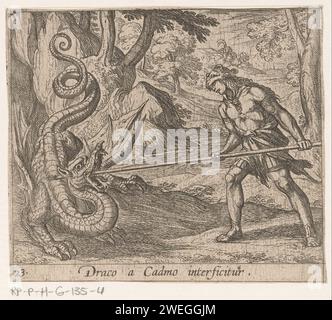 Cadmus tue de Draak, Antonio Tempesta, 1606 - 1638 imprimer Cadmus tue le dragon qui a attaqué ses hommes. Titre en latin en STUDMARGE. La gravure sur papier Cadmus tue le dragon Banque D'Images