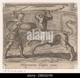Thésée dans de Minotaurus, Antonio Tempesta, 1606 - 1638 imprimer Thoseus en combat avec le Minotaurus. Titre en latin en STUDMARGE. Theseus, le papier gravé, tue le Minotaure Banque D'Images