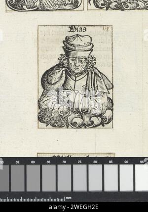 Bias van Priëne, Michel Wolgemut (atelier de), 1493 imprimer Un calice floral avec un homme en robe avec chapeau sur la tête, tourné vers l'avant. Le texte l'identifie comme Bias van Priëne, l'un des sept sages de Grèce. L'impression fait partie d'un album. Typographie papier imprimant les sept sages de Grèce : Bias, Chilon, Cleobulus, Periander (ou Myson), Pittacus, Solon, Thales Banque D'Images