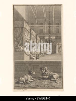 Dortoir, Jacob Folkema, 1739 imprimer Un dortoir dans un hôpital où les personnages sont dans des lits dans des lits qui sont installés le long du mur. Il y a deux chiens au premier plan. chien de gravure de papier. salle ; chambre (à l'hôpital) Amsterdam Banque D'Images