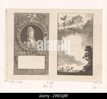 Portrait d'Augusta Sophia et Apollon dans la voiture solaire, Daniel Nikolaus Chodowiecki, 1777 papier gravure de personnes historiques - BB - femme. Apollon dans le char du soleil, tiré par quatre chevaux, généralement précédés par une aurore tenant une torche ; 'Carro del Sole' (Ripa) Banque D'Images