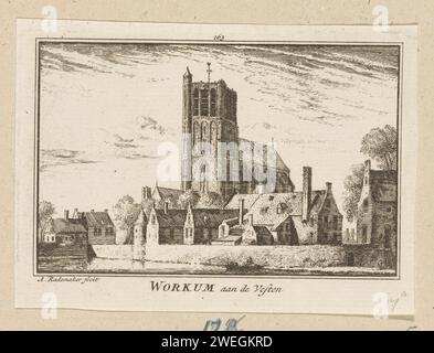 Vue de l'église Sint-Martinus à Woudrichem, Abraham Rademaker, 1725 - 1803 imprimer vue de l'église Sint-Martinus et de la muraille de la ville à Woudrichem, vue de l'eau. Au premier plan un bateau à rames avec des figures. gravure sur papier / gravure de l'église (extérieur). murs de la ville. Bateau à rames, canoë, etc. Woudrichem. Sint-Martinuskerk Banque D'Images