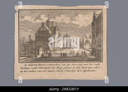 Vue du nouveau pont avec la maison de poteau et le Texelsche Kade à Amsterdam, J.M. Bregmagher, après Abraham Rademaker, c. 1726 impression papier gravure / gravure perspective de la ville, panorama de la ville, silhouette de la ville Texelsche Kade. Maison de pile. Nouveau pont Banque D'Images