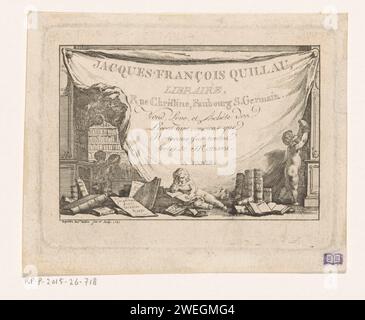 Carte de visite du libraire Jacques François Quillau à Paris, 1761 imprimer intérieur d'une librairie avec putti qui obtenir et lire des livres dans le placard. Le texte est sur une grande toile, tenu par un putto. librairie de gravure de papier, libraire. cupidons : 'amores', 'amoretti', 'putti'. journal, bulletin d'information Banque D'Images