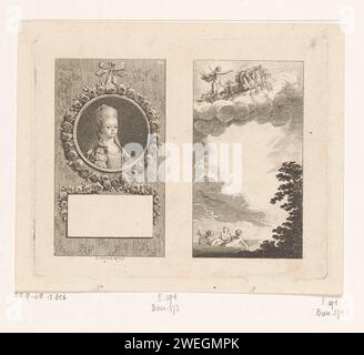 Portrait d'Augusta Sophia et Apollon dans la voiture solaire, Daniel Nikolaus Chodowiecki, 1777 papier gravure de personnes historiques - BB - femme. Apollon dans le char du soleil, tiré par quatre chevaux, généralement précédés par une aurore tenant une torche ; 'Carro del Sole' (Ripa) Banque D'Images