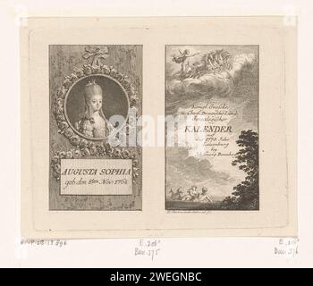 Portrait d'Augusta Sophia et Apollon dans la voiture solaire, Daniel Nikolaus Chodowiecki, 1777 papier gravure de personnes historiques - BB - femme. Apollon dans le char du soleil, tiré par quatre chevaux, généralement précédés par une aurore tenant une torche ; 'Carro del Sole' (Ripa) Banque D'Images
