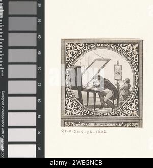 Graveur, anonyme, 1800 - 1899 impression assis à une table est un graveur au travail. En arrière-plan un étudiant, probablement occupé à faire une peinture qui se tient sur un âne devant lui. Spectacle rond dans un cadre. machine d'impression par gravure de papier Banque D'Images