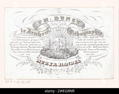 Carte de visite de l'imprimerie et de la musique commerce pH. Dunn à Arnhem, 1833 - 1872 copies. Carte porcelaine putto entouré de divers instruments de musique dont une harpe, une guitare, un violon, un violoncelle, un cor et un piano de table. . lithographe. Instruments de musique ; groupe d'instruments de musique - CC - hors portes Banque D'Images
