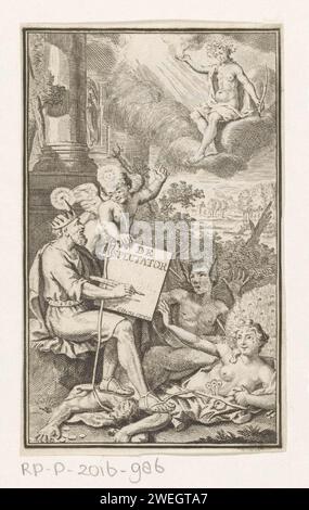 Représentation allégorique avec homme couronné, putti et femme avec couronne étoilée, anonyme, d'après Frederik Ottens, 1731 - 1743 imprimer Un homme couronné avec un ressort et une tablette d'écriture dans sa main, tapote des figures dont une femme avec paon (peut-être fierté), Midas avec des oreilles d'âne (cupidité) et un homme avec une poche d'argent. Sur la couronne de l'homme une flamme et l'oeil tout-voyant. Avec lui, un putto avec le soleil pointe sur la tête vers le ciel où une femme à la branche de palmier et à la couronne d'étoile s'assoit sur les nuages. gravure sur papier / gravure de couronne (symbole de souveraineté). cupidons : 'amores', 'amoretti', 'putti'. fi assis Banque D'Images