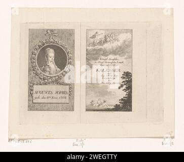 Portrait d'Augusta Sophia et Apollon dans la voiture solaire, Daniel Nikolaus Chodowiecki, 1777 papier gravure de personnes historiques - BB - femme. Apollon dans le char du soleil, tiré par quatre chevaux, généralement précédés par une aurore tenant une torche ; 'Carro del Sole' (Ripa) Banque D'Images