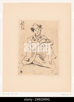 Portret van Armand Guillaumin, Paul Cézanne, 1873 estampe homme assis avec chapeau, les bras l'un sur l'autre et la jambe droite tendue. En arrière-plan, une personne est accrochée à une potence. gravure sur papier de personnages historiques. portrait, autoportrait d'artiste. instruments de torture, d'exécution ou de punition : potence Banque D'Images