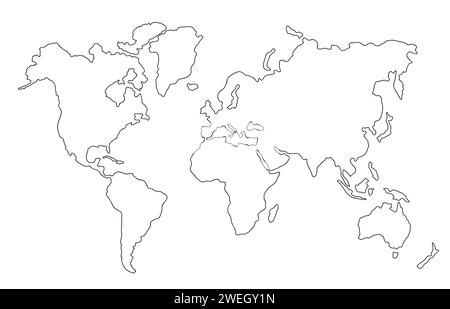 Ligne simple de carte du monde. Contour carte du monde plate. Globe à silhouette dessinée à la main. Esquisse linéaire noire de carte du monde isolée sur fond blanc. Ligne simplifiée Illustration de Vecteur