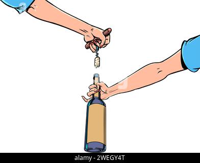 Les mains féminines ouvrent un bouchon de bouteille. Boissons uniques du monde entier dans le restaurant. Offres intéressantes de produits alcoolisés. Bande dessinée pop A. Illustration de Vecteur