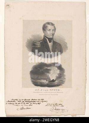 Portrait de Jan Carel Josephus van Speijk et le moment où son bateau explose, J.B. Clermans, 1831 imprimer le bateau est dans le port d'Anvers. Sur le quai, les gens cherchent une couverture pour l'explosion. papier. port. catastrophe de la poudre à canon Banque D'Images